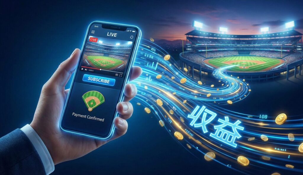 スマートフォンの画面で野球中継を見て、課金ボタンを押している様子